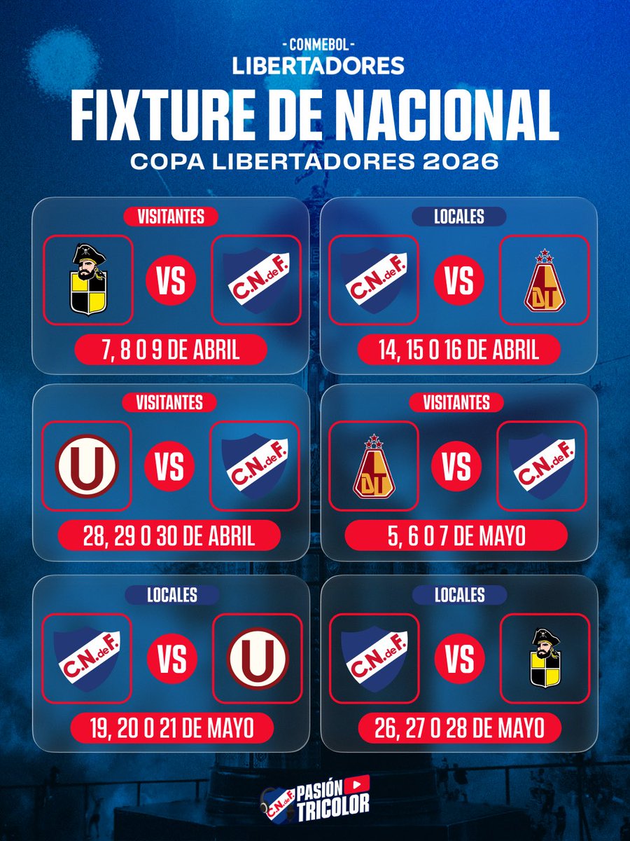 PasionTricolor1's tweet photo. Dale RT al FIXTURE 🔵⚪️🔴 🏆 

¡NACIONAL, SIEMPRE VOY CON VOS!

#PasionTricolorPlay #LaRadioDelHincha https://t.co/CuT2YKi2EY