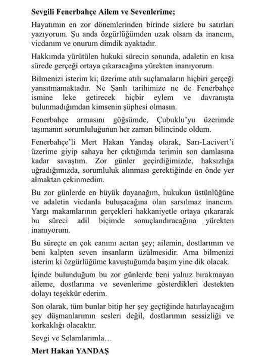 Kaptanımız Mert Hakan'a moral olsun diye kendisine iletilmek üzere mhymektup@gmail.com diye bir hesap açıldı. Açan kişiler avukat. Kaptana moral olması için ona mektup yazmak isteyenler yazıp bu adrese iletebilir.

mhymektup@gmail.com

Lütfen kaptanımızı yalnız bırakmayalım