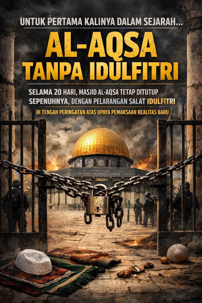 Boediantar4's tweet photo. Negara2 Arab terdiam saat 🔴 Untuk pertama kalinya dalam sejarah Masjid Al-Aqsa tanpa Idul Fitri. Selama 20 hari, Masjid Al-Aqsa tetap ditutup sepenuhnya, dengan pelarangan shalat Idul Fitri, di tengah peringatan atas upaya pemaksaan realitas baru. 😭 https://t.co/TeHb935SXC