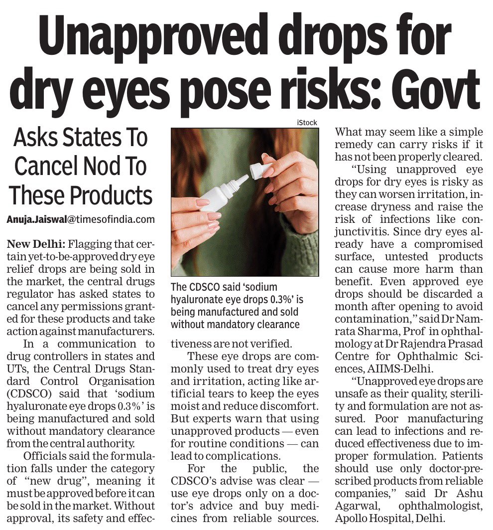 AnujaJaiswalTOI's tweet photo. The Centre has flagged the sale of certain #dry #eyerelief #drops classified as a “#newdrug” and warned that they should not be used without proper approval, raising concerns over #patientsafety. @timesofindia https://t.co/ZjQm1ecakI