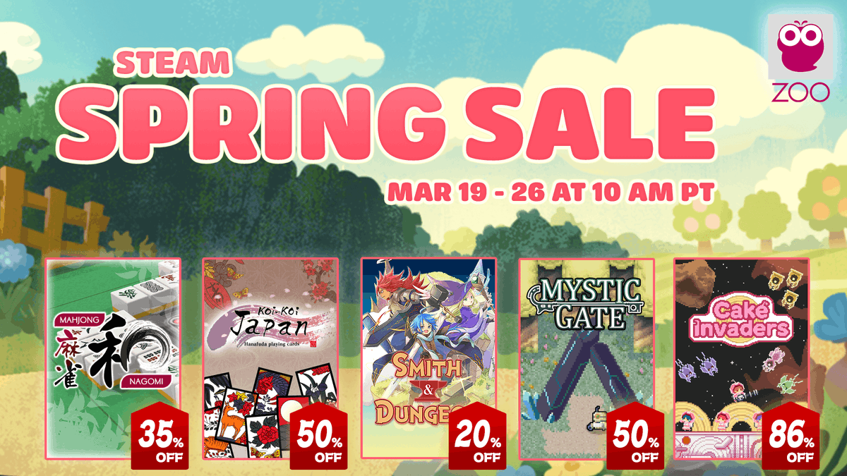 🌸Now on Steam Spring Sale🌸

Up to 90% off‼ ZOO GAMES Discount Sale on Popular 🀄Mahjong, 🎴Hanafuda and ⚔2D Pixel Art Games⭐

Check it out now👇
store.steampowered.com/publisher/zoo/…

#Steam #SpringSale