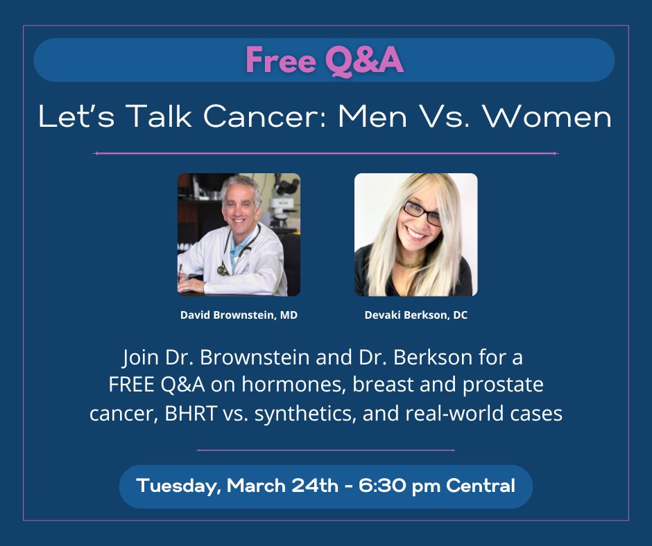 BerksonHealth's tweet photo. Why  can men with prostate cancer get testosterone… while women with breast  cancer are told “never” to hormones? Let’s talk about the hormone double  standard.

The rules around  hormones and cancer don’t always add up, and your patients know it.  They’re reading, asking, and sometimes pushing for therapies you were  never trained to use safely.

This  free “Let’s Talk” session is your chance to bring real‑world questions  to two seasoned hormone and integrative cancer clinicians.

Signup: https://t.co/pZf9XIzq7D