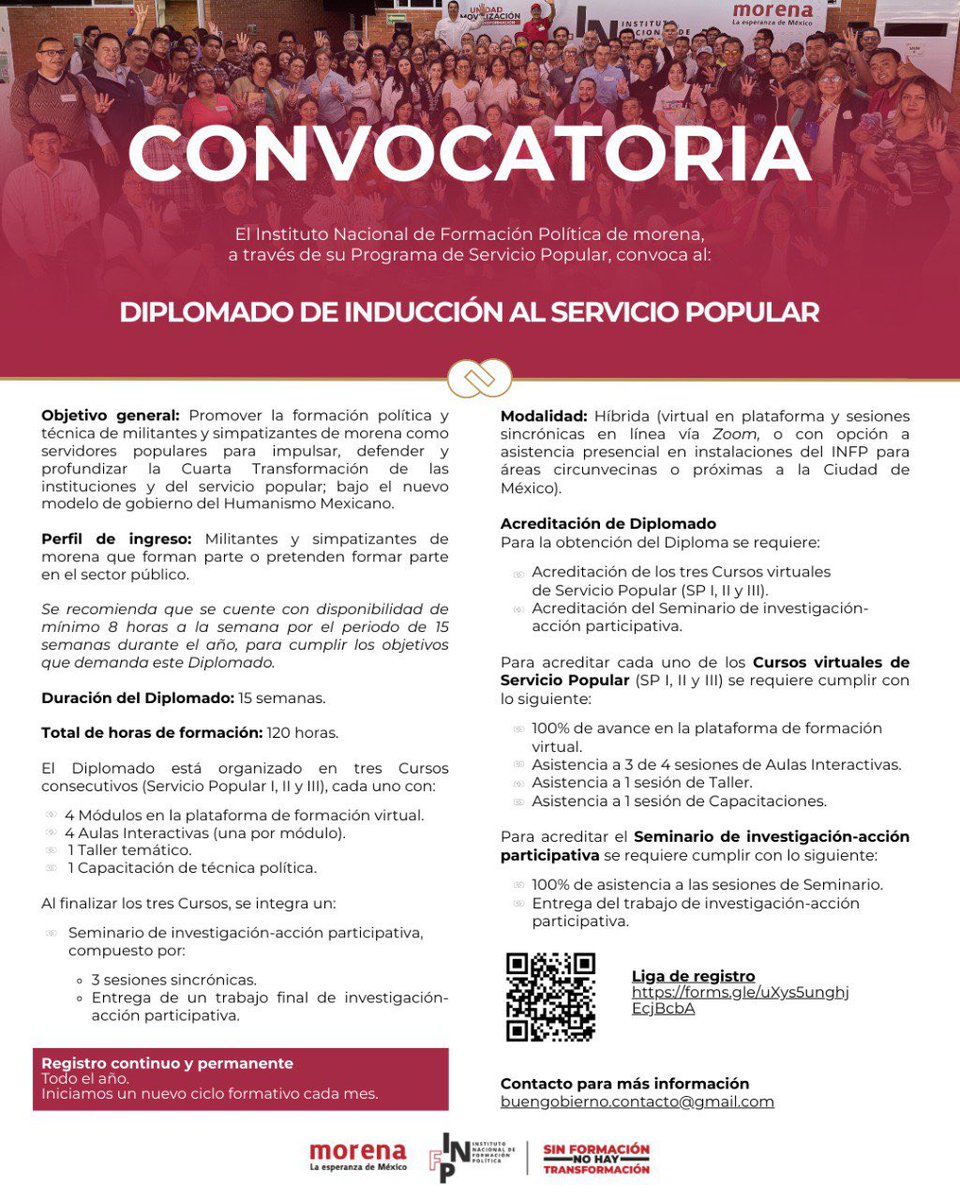 📣 El INFP a través de su <a href="/serviciopopular/">Servicio Popular | INFP</a> te invita a ser parte del Diplomado de inducción al Servicio Popular.

🗓 Ahora con registro continuo durante el año, inscríbete para formar parte de quienes impulsan, defienden y profundizan las instituciones públicas de la Cuarta