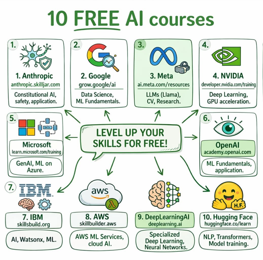 10 free AI courses to level up your skills 🚀

From basics to advanced — explore learning from Google, Meta, OpenAI, NVIDIA &amp; more.

Stop scrolling. Start learning. 📚

#AI #MachineLearning #DeepLearning #LearnAI #AIcourses #DataScience #TechSkills #FreeCourses #AIEducation