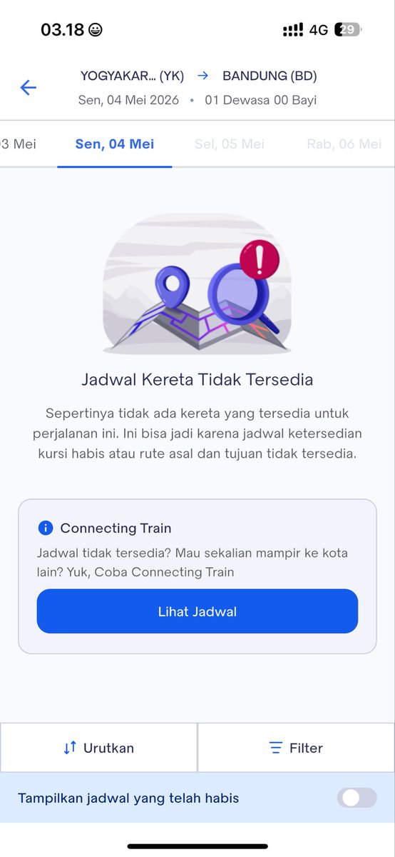 DaeHidayat's tweet photo. @KAI121 min naha ih gak muncul sama sekali jadwal kereta api dari stasiun yogyakarta menuju stasiun bandung di tanggal 4 mei 2026. sudah saya uninstal aplikasi dan login ulangpun masih tetap sama seperti ini. mohon pencerahannya 🙏🏼 https://t.co/EkqBZWfqUl