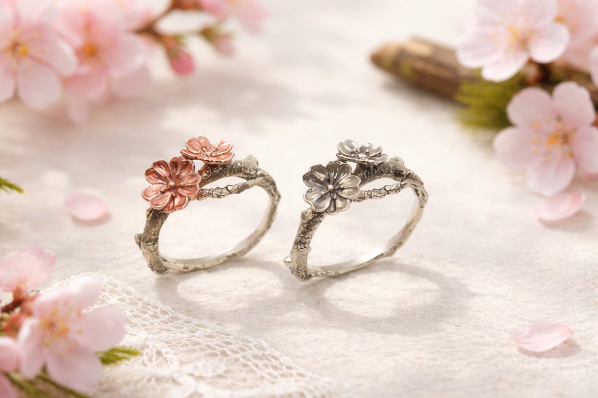 gallery_jo's tweet photo. 今日の19時から今年の桜の指輪の通販を行います。
AIに画像を生成して貰った。
いい感じだね。
オンラインショップには載せないけど… https://t.co/CgdLlx2nWo