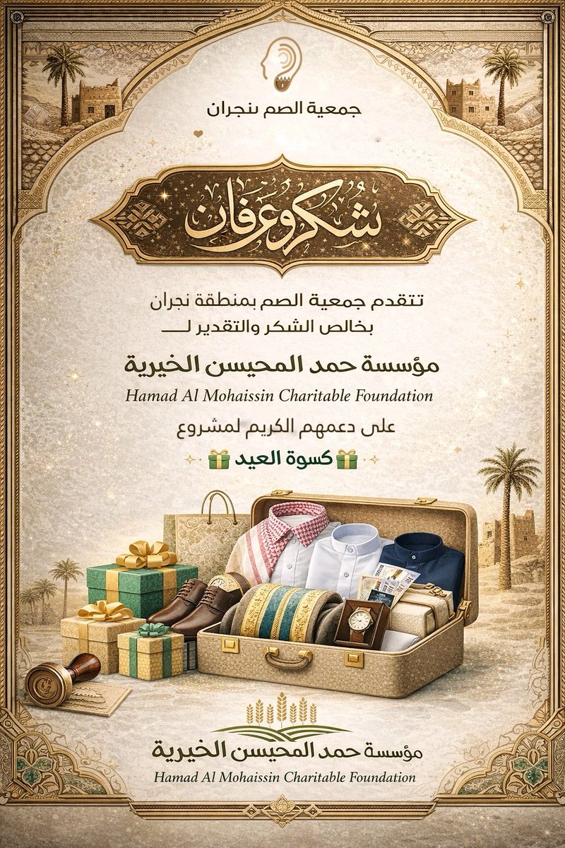 خالص الشكر العرفان ..🌾
لـ #مؤسسة_حمدالمحيسن_الخيرية على دعمهم الكريم لمشروع كسوة العيد بمبلغ عشرة الآف ريال لمستفيدي الجمعية ، ونطمأنكم - بحمد الله - دعمكم وصل إلى المستفيد . 
نسأل المولى عز وجل  لكم السداد والقبول وزادكم الله من فضله .
#جمعية_الصم_بنجران
#كل_عام_وأنتم_بخير