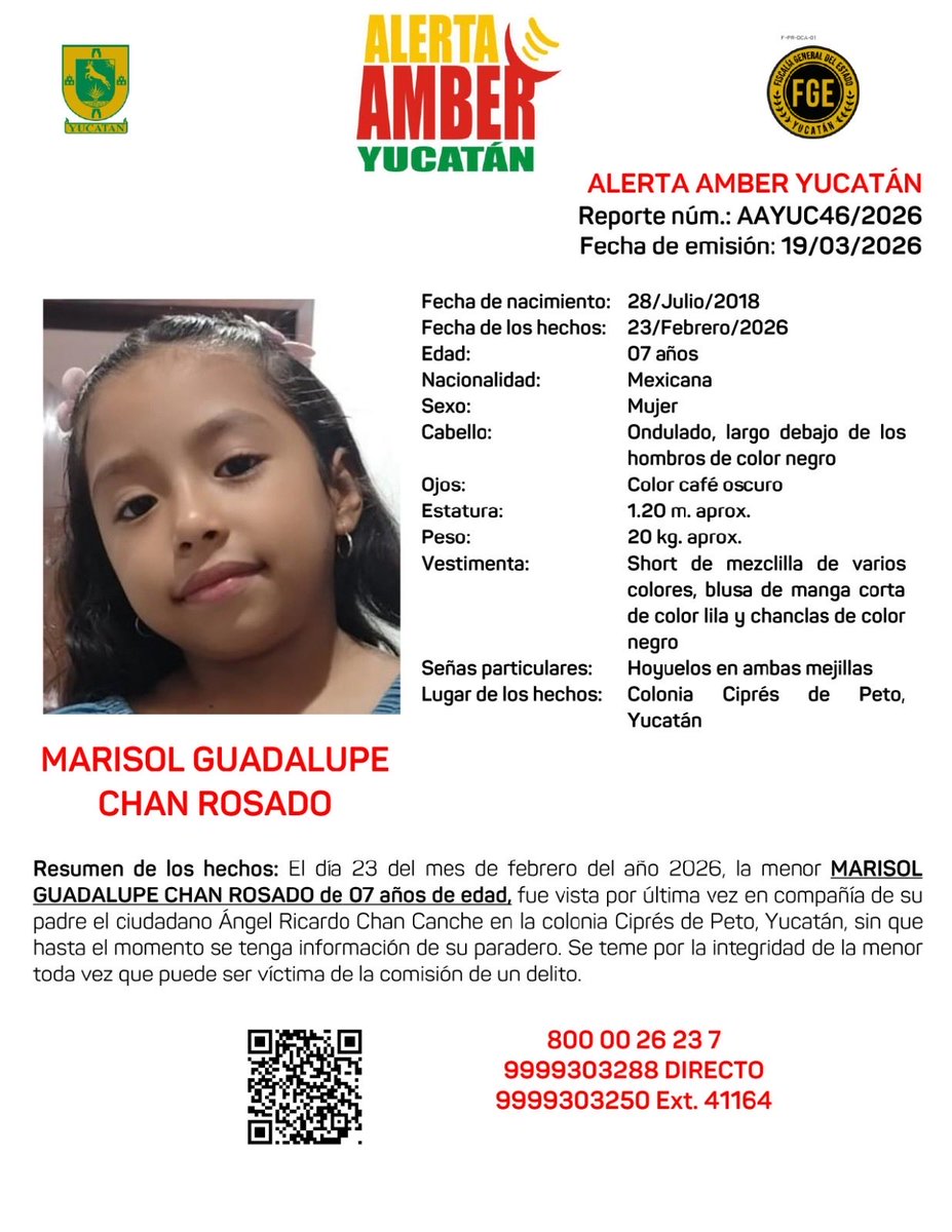#AAYUC Informa de la ACTIVACIÓN de una ALERTA AMBER Estatal solicitando de su amable apoyo para la búsqueda y localización de la menor MARISOL GUADALUPE CHAN ROSADO de 07 años de edad, en el Estado de Yucatán.<a href="/fgeyucatan/">FGE Yucatán</a>