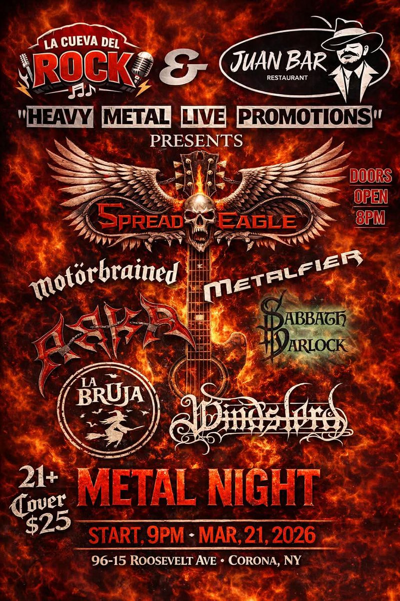 MetalfierN's tweet photo. This Saturday,  March 21st
@METALFIER live with @spreadeaglenyc at Juan Bar in Queens, NY https://t.co/xpheNaORmf