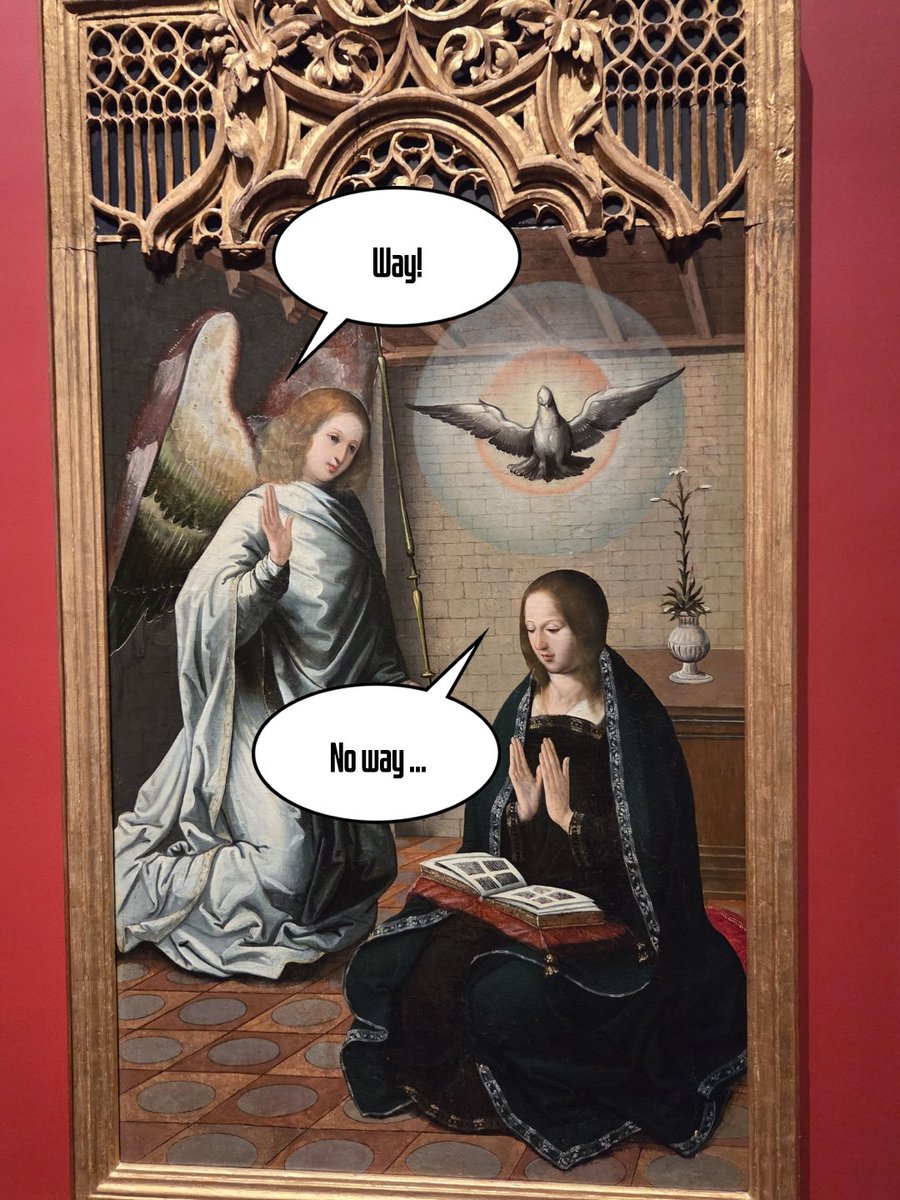 SoSaidSara's tweet photo. Just some fun with speech bubbles.  
(The Annunciation by Juan de Flandes the Elder, ca 1500) https://t.co/DSjFCmVcQW