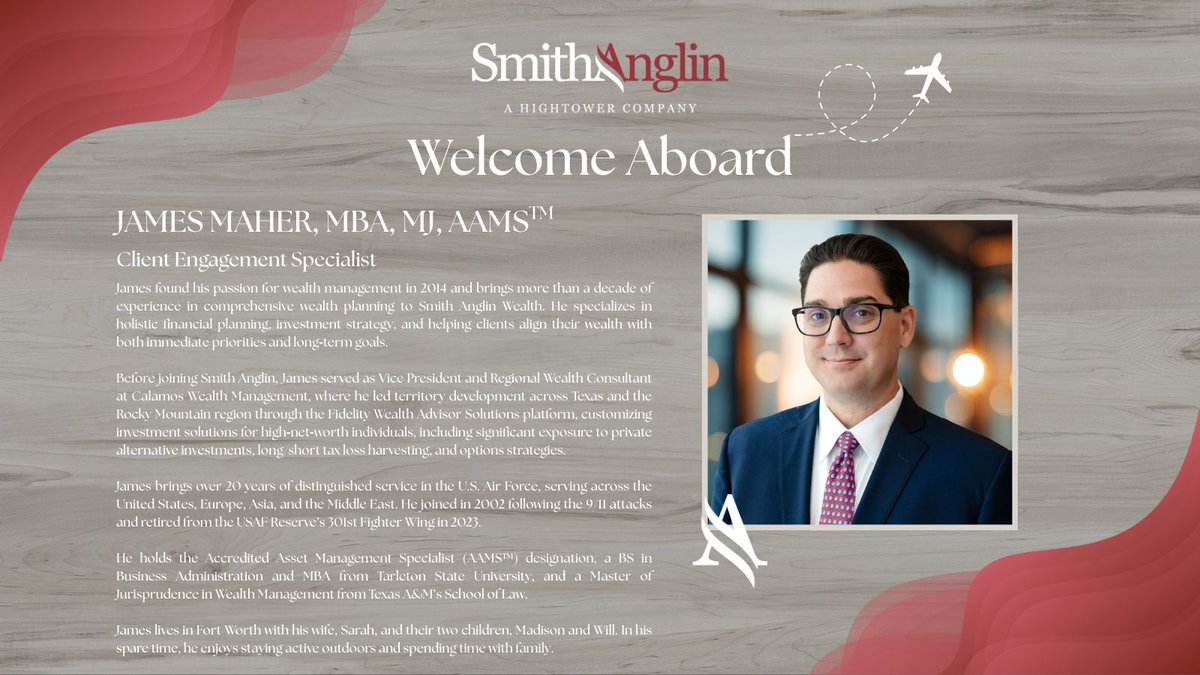 SmithAnglin's tweet photo. Let's welcome James Maher, our newest Client Engagement Specialist! With a decade of wealth planning and investment experience and 20+ years of US Air Force service, he brings a passion for building purposeful financial strategies rooted in clarity and long-term vision. https://t.co/z21xZxeVyh
