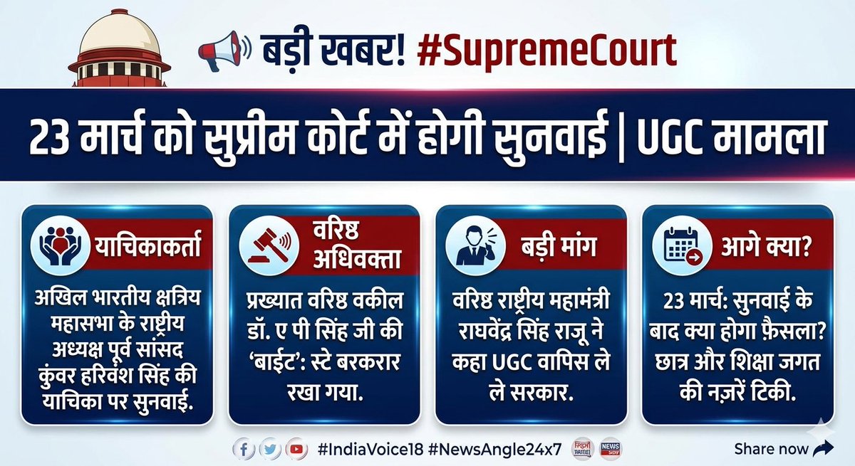 india_voice_18's tweet image. बड़ी खबर: सुप्रीम कोर्ट में 23 मार्च को होगी आर-पार की सुनवाई!

क्या है आपकी राय? कमेंट में बताएं।

#SupremeCourt #UGCUpdate #KunwarHarivanshSingh #DrAPSingh #KshatriyaMahasabha #BreakingNews #DelhiNews #RaghavendraSinghRaju #LegalUpdate #IndiaVoice18 #NewsAngle24x7