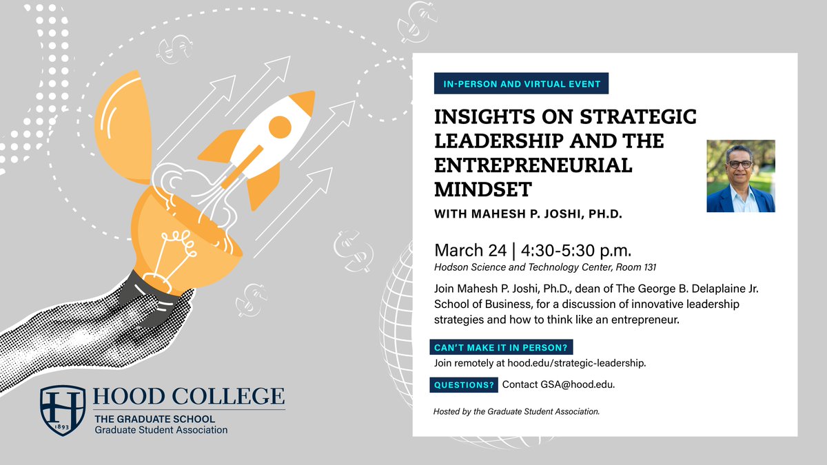 Hood_GSA's tweet photo. The GSA invites you to a special session with Mahesh P. Joshi, Ph.D., Dean of The George B. Delaplaine Jr. School of Business. Whether you're an aspiring business owner or looking to shake things up in your current role, this is the place to be! #HoodGSA #HoodProud https://t.co/TlWUVr6zZY