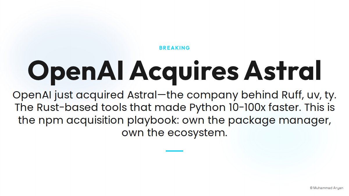 arydbeast's tweet photo. OpenAI acquired Astral. They now own Ruff, uv, ty—the tools that made Python 10x faster. This is the npm acquisition playbook: own the package manager, own the ecosystem. Expect Claude Code + Astral tools to merge. Python devs just got a new default stack.

~volro https://t.co/qttH5omOt5