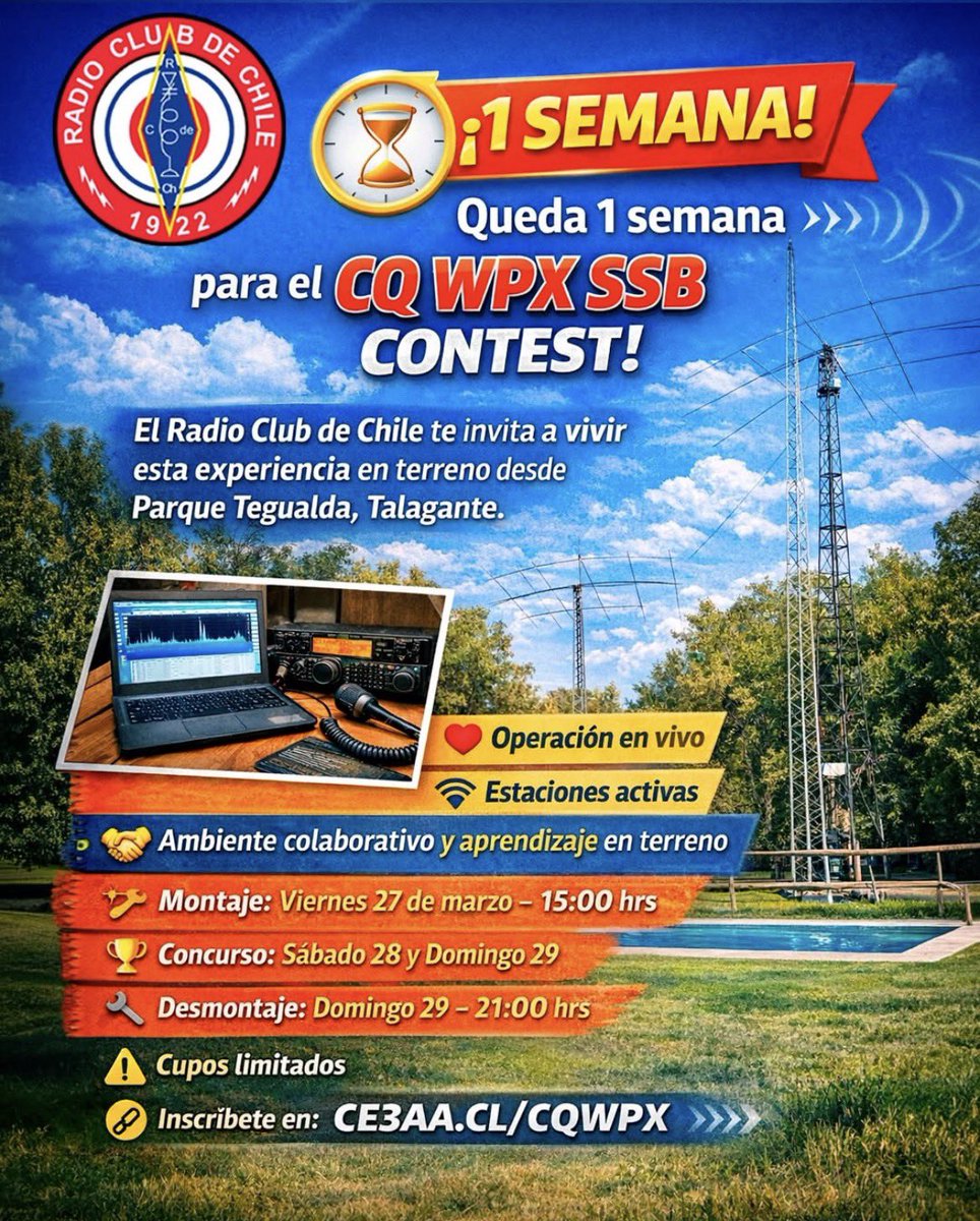 SCe3aa's tweet photo. PROXIMA SEMANA - PROXIMA SEMANA 
Te invitamos a ser parte de esta gran experiencia de radioafición operando  desde Parque Tegualda, Talagante. Socios y amigos cordialmente invitados
⚠️ Cupos limitados
🔗 Inscríbete aquí: https://t.co/2BZSJtQvBQ
¡Súmate y hagamos radio juntos! https://t.co/oL7gvI7xvk