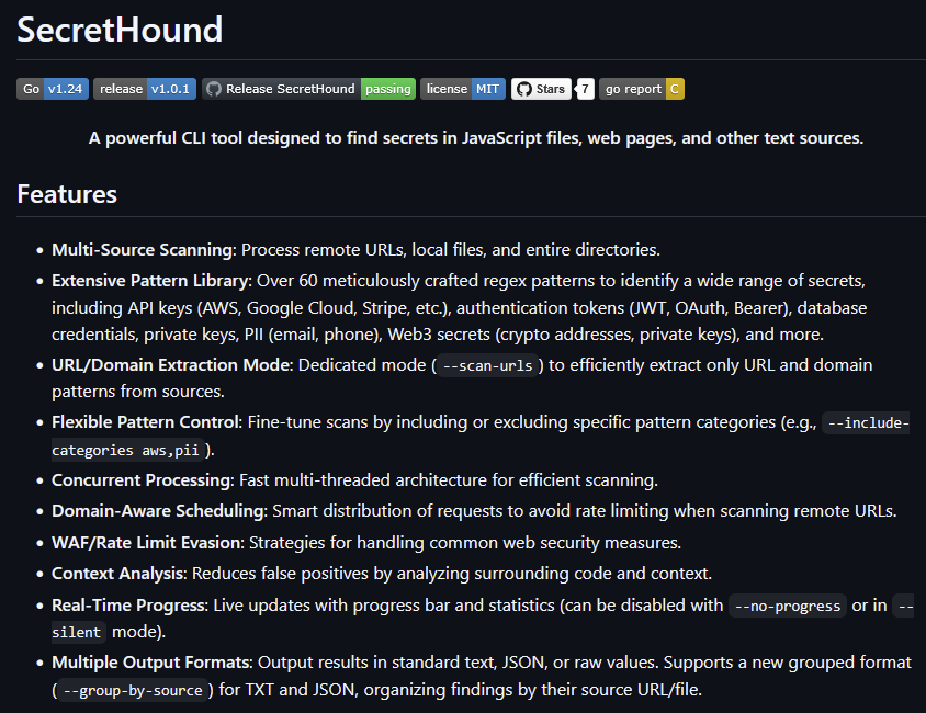 sybr1d_'s tweet photo. Soon I'll release another update for my secrets scan tool [github .com/rafabd1/SecretHound] fixing some false positives and adding new detection patterns like bash commands, LLM provider keys, and other useful special patterns.

Today for example I ran it quickly on a target and found some exposed secret tokens. Probably lower impact ones, but the idea is to make the tool versatile not just for direct secret detection, but also for patterns that hint at exposures or underlying issues.

For instance if personal emails are exposed maybe other undetected more serious data could be too. That's how I got my first bounties with this tool. #bugbounty