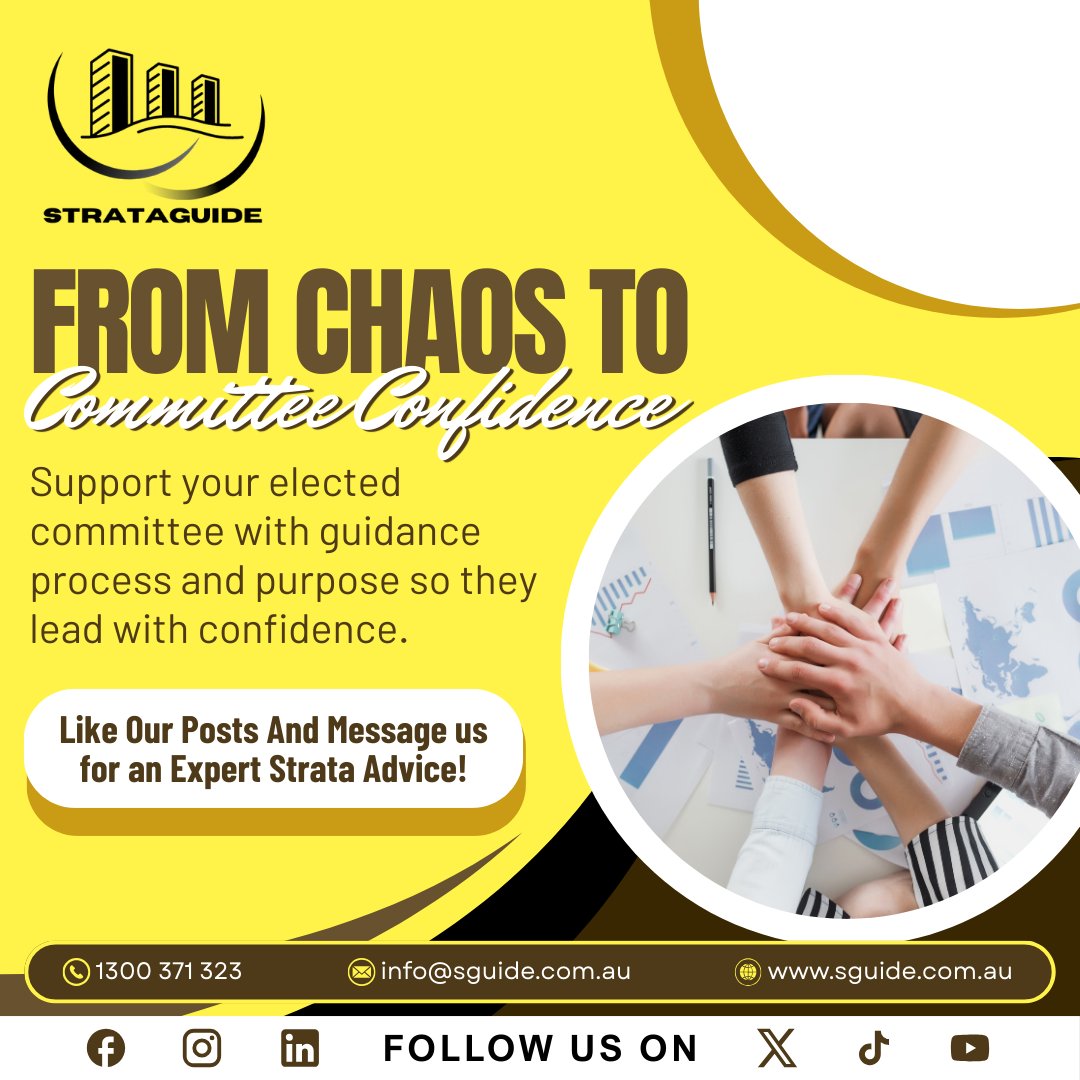 StrataGuide's tweet photo. From chaos to confident committees! Give your elected team guidance, process &amp; clarity so they lead with purpose and your strata community thrives.

#StrataSuccess #CommitteeSupport #StrataLife https://t.co/k7Doi5YR6P