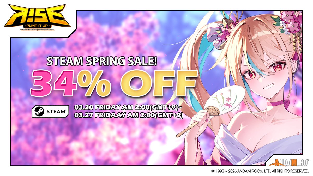 piu_global's tweet photo. 【PUMP IT UP - R!SE】

Steam Sale on March 20, 2026!
Check out PIU R!SE on Steam with 34% off!!

펌프잇업 라이즈 스팀 정기 봄 할인, 3월20일부터 !
최초로 34% 할인된 가격으로 스팀에서 확인하세요!!

PUMP IT UP RISE - STEAM SPRING SALE 2026 안내 - Steam 뉴스

#PIU #PUMPITUP #PIURISE #ANDAMIRO