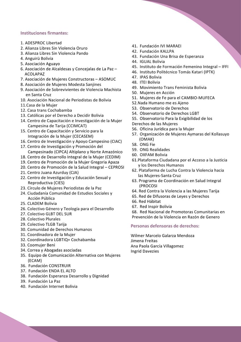 Más de 60 organizaciones alertamos sobre la reducción del presupuesto de <a href="/DPBoliviaOf/">Defensoría del Pueblo Bolivia</a>.
Esta medida debilitaría su capacidad de proteger derechos, afectando la atención de denuncias, la investigación y su presencia territorial.
Exhortamos al Estado <a href="/EconomiaBo/">Min. Economía</a> revisar esta medida.