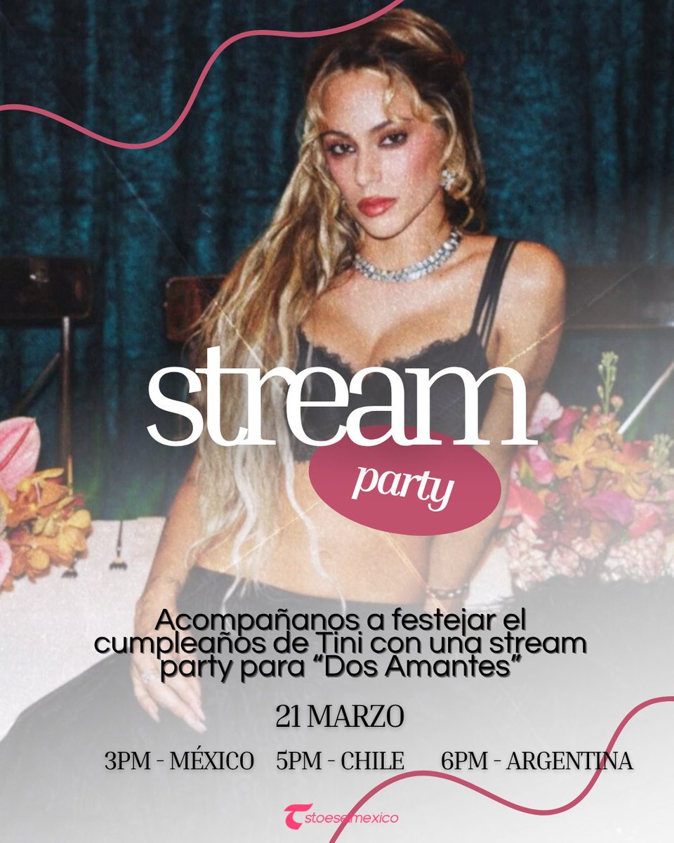 stoesselmexico's tweet photo. ¡Lxs invitamos a festejar el cumpleaños de Tini con una Stream Party! 

les dejamos acá una playlist (solo de TINI), pueden hacer sus propias playlist, solo recuerden agregar Dos Amantes a ella en más de una ocación. 

https://t.co/MEhpMB0Gis https://t.co/TTtjDM4N1h