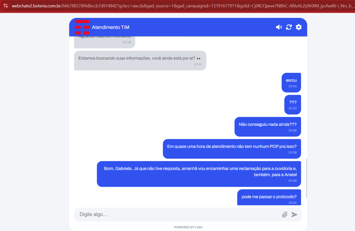 dannleite's tweet photo. Esse é o péssimo atendimento da @TIMBrasil! Apenas um pedido de informação no atendimento por chat e a atendente, simplesmente, não fez o serviço dela. Não recebi nenhum protocolo. Essa operadora é ridícula tanto nas lojas físicas, como nos outros canais digitais. https://t.co/u0MLZTU3Lm