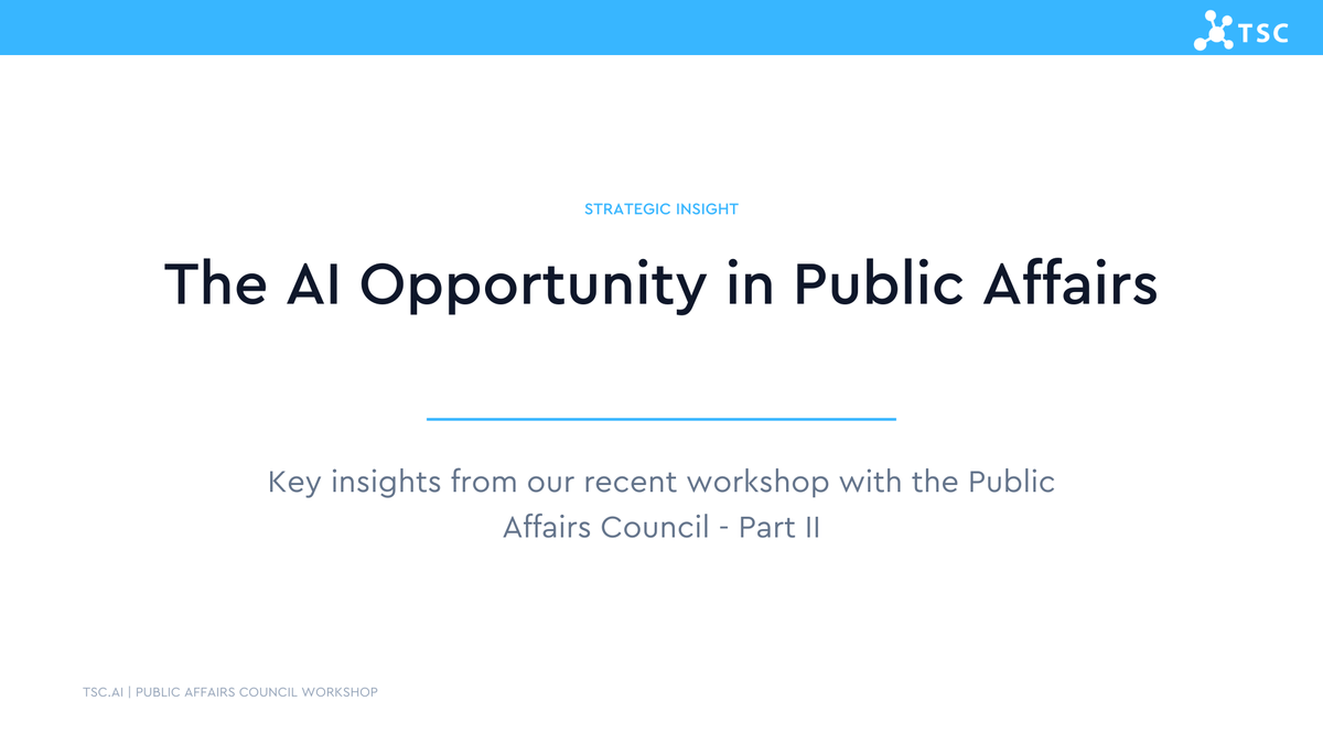 TSC_ai's tweet photo. Part II of the key takeaways of @TSC_ai's CEO Terence Lyons presentation at the @PACouncil's AI for Public Affairs Workshop.

Here are the 3 key takeaways:
1️⃣ Beware the Productivity Paradox.
Time saved ≠ productivity gained. If AI just frees up hours that get filled with more of the same work, the value stays flat. The real opportunity is using that time for higher-value thinking and strategy.

2️⃣ There are two ways to use AI - most teams are only using one.
Ask mode (summarise, analyse, brief) is a great start. But Task mode - modelling crises, executing multi-step workflows, driving complex decisions - is where public affairs teams will find their real competitive edge.

3️⃣ Not every task should be treated the same.
The smartest AI strategies in public affairs separate three categories:
→ Automate: high-frequency, low-complexity work
→ Augment: strategic tasks where AI sharpens human judgment
→ Human-Led: relationship management and high-stakes ethical calls

Knowing which bucket each task belongs in? That's the real strategic skill.
More insights to come.

#PublicAffairs #AI #AIStrategy #GovernmentAffairs #StrategicCommunications