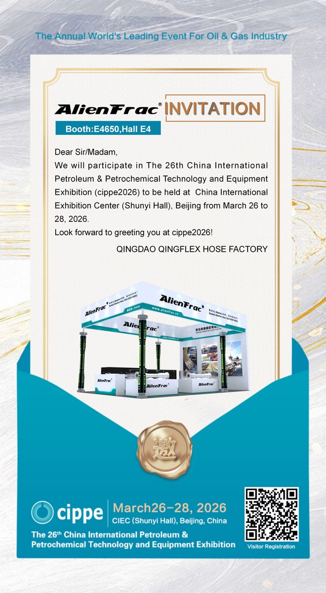 aliendrillcom's tweet photo. Meet us at CIPPE 2026!  
The 26th China International Petroleum &amp; Petrochemical Technology and Equipment Exhibition 
China International Exhibition Center (Shunyi Hall), Beijing 
26-28 March 2026 
Booth: E4650 
#cippe2026 #frachose #alienfrac #fracking #7inchfrachose https://t.co/M3v6MW04RZ