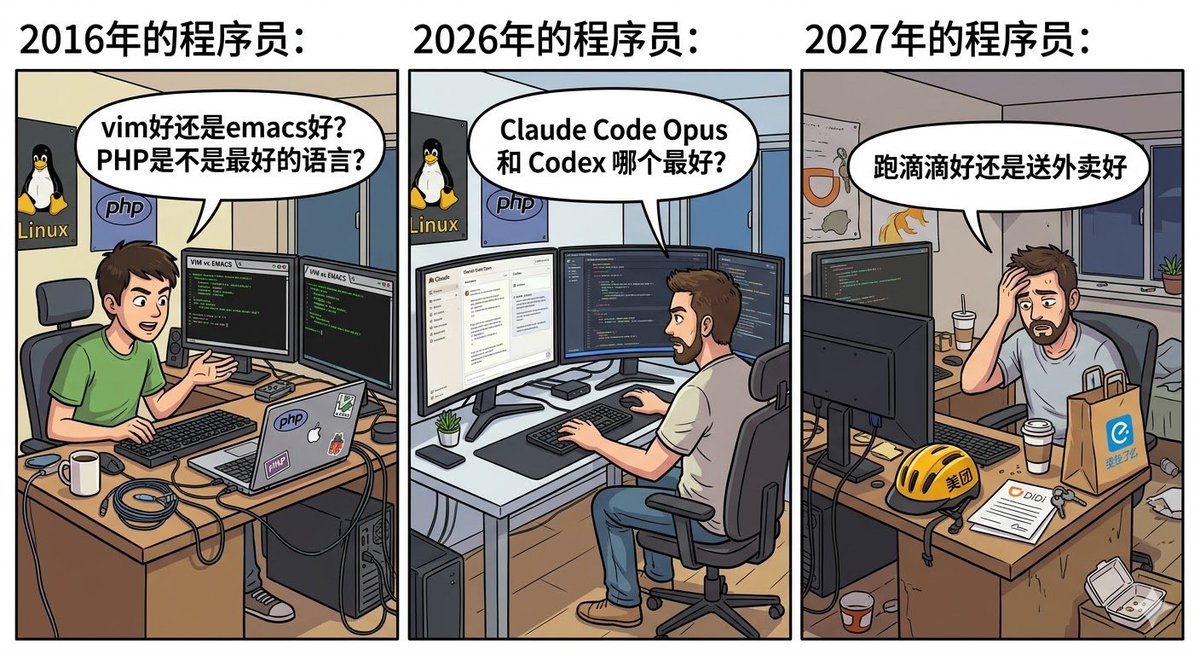 dev_china's tweet photo. 2016年的程序员：vim好还是emacs好？php是不是最好的语言？
2026年的程序员：Claude Code Opus 和 Codex 哪个最好？
2027年的程序员：跑滴滴好还是送外卖好 https://t.co/1E522pWg0i