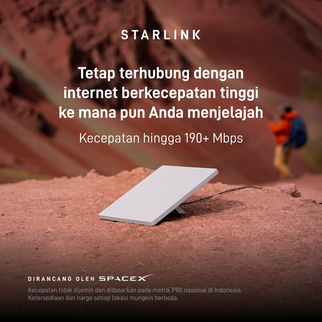 Starlink's tweet photo. Starlink Mini menyediakan internet berkecepatan tinggi dan latensi rendah saat singgah—sangat cocok untuk bepergian, berkemah, menjelajah, berlayar, bepergian dengan RV, dan banyak lagi. 

Rencanakan petualangan Anda berikutnya.