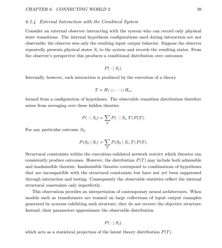thoughtfullless's tweet photo. How can we explain the effectiveness of probabilistic approaches in machine learning, if the world itself does not in general behave according to probability calculus?

I attempt to answer this in the “External Interaction with the Combined System” section.

When a machine learning system is trained on input–output data, it is not learning the world’s structure directly. It is sampling from a distribution over hypotheses that an agent has already constructed. That distribution has already been constrained by interaction with the world and by internal logical structure.

Datasets are effective because they capture the behavior of systems whose hypotheses have already been filtered and refined.