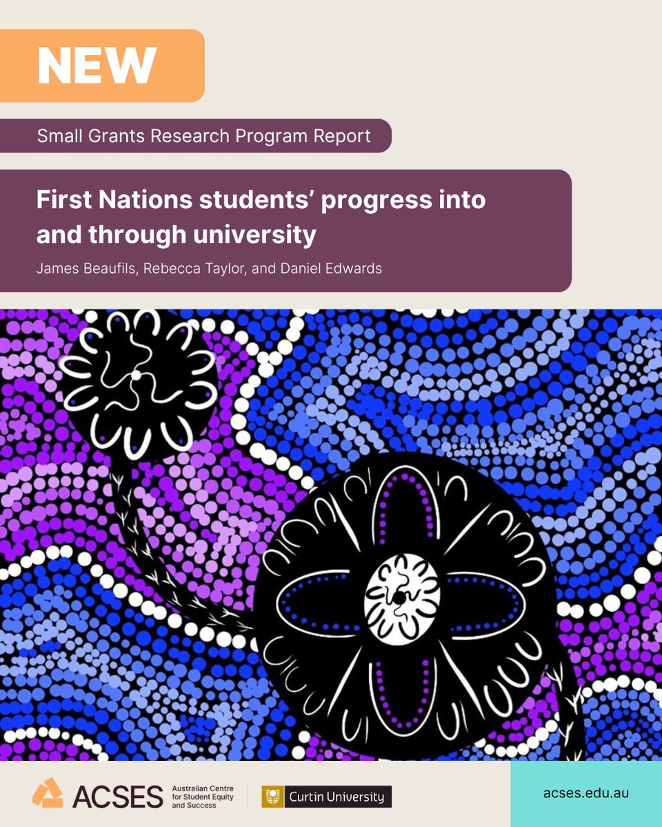 acsesedu's tweet photo. 📣 New report reveals the effectiveness of First Nations Centres in providing the necessary culturally sensitive support to First Nations students and their success at university.

A new Australian Centre for Student Equity and Success (ACSES) research report explores the diverse university pathways taken by First Nations students and how targeted support services are crucial elements of support to ensure their success at university.

The report outlines how First Nations Centres can elevate support services and provide an even stronger impact to help students overcome barriers, build confidence, and find a space where they feel comfortable.

Authored by James Beaufils (Jumbunna Institute for Indigenous Education and Research at University of Technology Sydney), Rebecca Taylor (Australian Council for Educational Research), and Daniel Edwards (Australian Council for Educational Research), the report was developed as part of the ACSES Small Grants Program.

You can now read the full report on the ACSES website: https://t.co/cnkQjCVv31

Credit for artwork used on cover: Tau Talifolau’s Passing on knowledge was created for this research project and is used with permission from the artist.

Description: “The symbols of passing on knowledge with the emu footprints signify progression. The Emu is known for never taking a step back so I thought this would be a deadly theme to include.” – Talifolau, T.