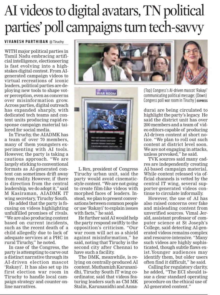 VivaneshTNIE's tweet image. #AI is reshaping TN poll campaigns: Parties including #INC , #AIADMK, #DMK are deploying AI-generated videos, setting up war rooms for rapid responses. As digital outreach expands, concerns over #deepfakes, #misinformation grow, prompting calls for #ECI guidelines. @xpresstn