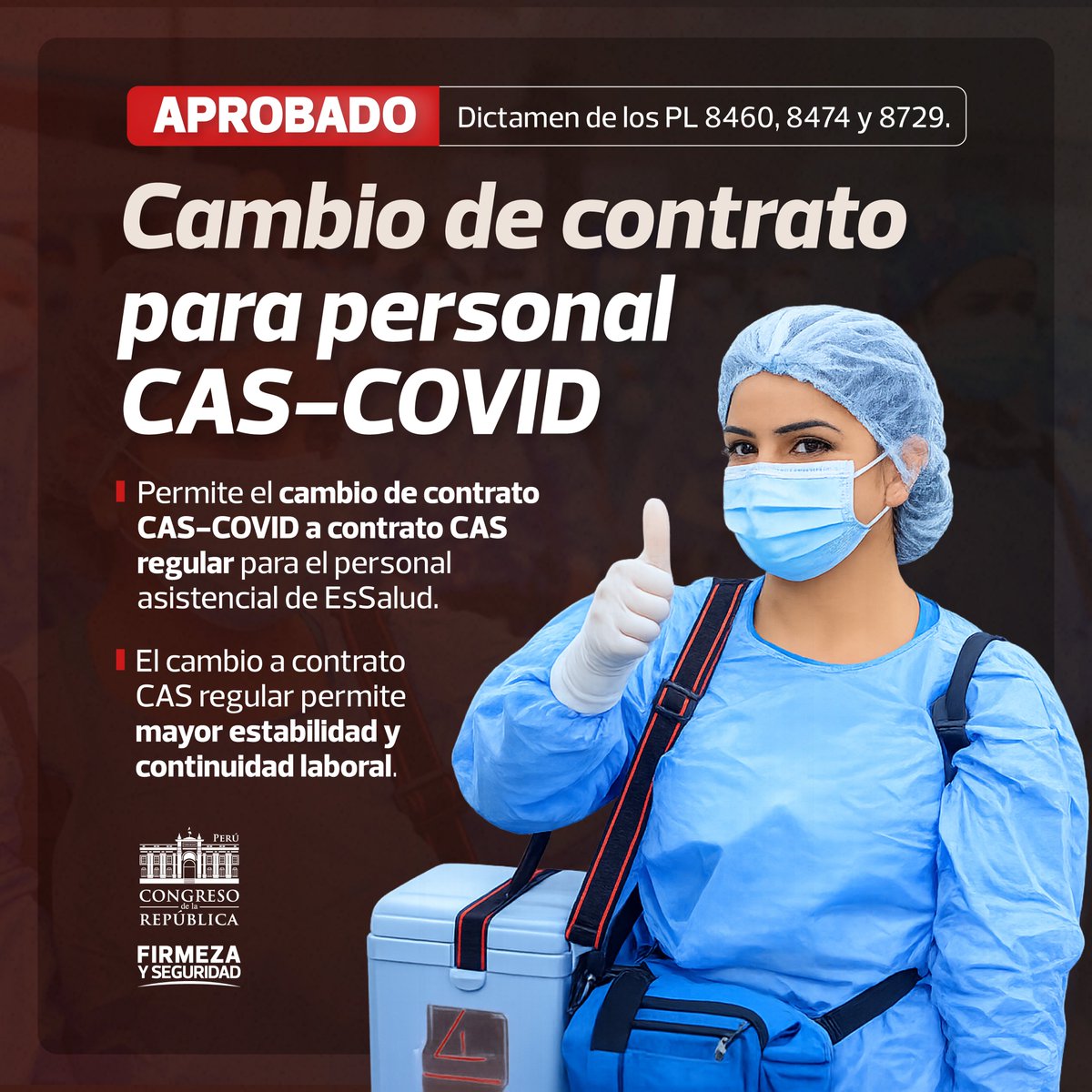 congresoperu's tweet photo. #PlenoDelCongreso aprobó el dictamen que propone autorizar el cambio de contrato CAS-COVID a contrato CAS al personal asistencial del Seguro Social de Salud (ESSALUD). 

Quedó exonerado de segunda votación. https://t.co/9z8N5TRlsY