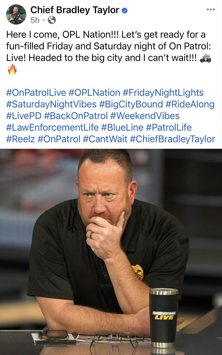 CHDAngelMom's tweet photo. Chief Taylor in The House!! Almost #OPFriday #ChiefBradleyTaylor #ChiefTaylor #OnPatrolLive @chiefbtaylor @OfficialOPLive https://t.co/NJk0xA0cuf