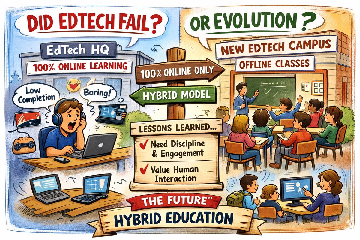 aaravind_1111's tweet photo. Are EdTech companies going offline again? 🤔

After pushing 100% online learning, many are now investing in physical classrooms.

Did EdTech fail?
No. It evolved.

📌 Online lacked discipline & engagement
📌 Students still value human interaction
📌 Outcomes > convenience

👉 The future is Hybrid Learning

EdTech didn’t lose.
It learned.

#EdTech #HybridLearning #FutureOfEducation #Startups #India #Education #Innovation
