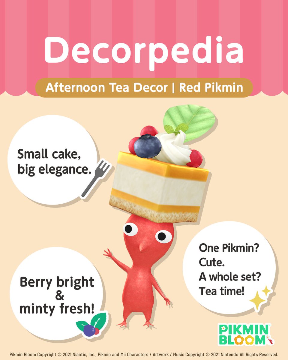 PikminBloom's tweet photo. #Decorpedia 📖✨
Afternoon Tea Decor | Red Pikmin 🫖

This little one is carrying a petit four — a perfectly bite-sized cake that fits right into tea time 🍰

Each Pikmin has picked up something essential to the afternoon tea spread, so take a closer look and see what everyone’s bringing to the table 🔍✨