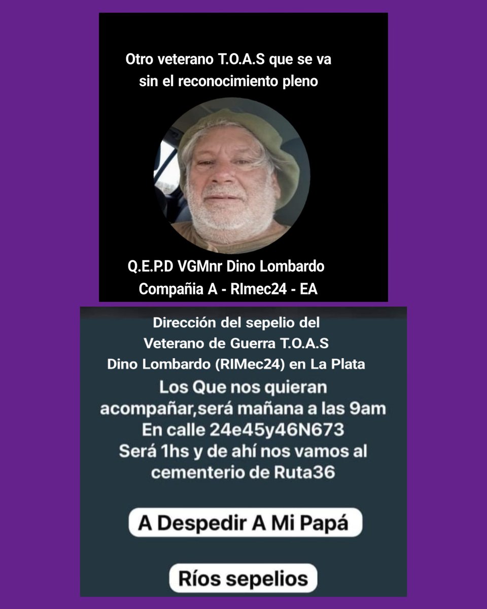 Q.E.P.D. 🙏. La perdida de VETERANOS TOAS A 44 AÑOS DEL CONFLICTO BÉLICO ES SEMANAL O DIARIA . PERO LOS SEGUIMOS DESPIDIENDO SIN SU RECONOCIMIENTO PLENO , CON SUS HONORES Y DERECHOS CONCULCADOS #causanacional decisión política <a href="/JMilei/">Javier Milei</a> <a href="/MinDefensa_Ar/">Ministerio de Defensa</a> <a href="/DiputadosAR/">Diputados Argentina</a> <a href="/SenadoArgentina/">Senado Argentina</a>