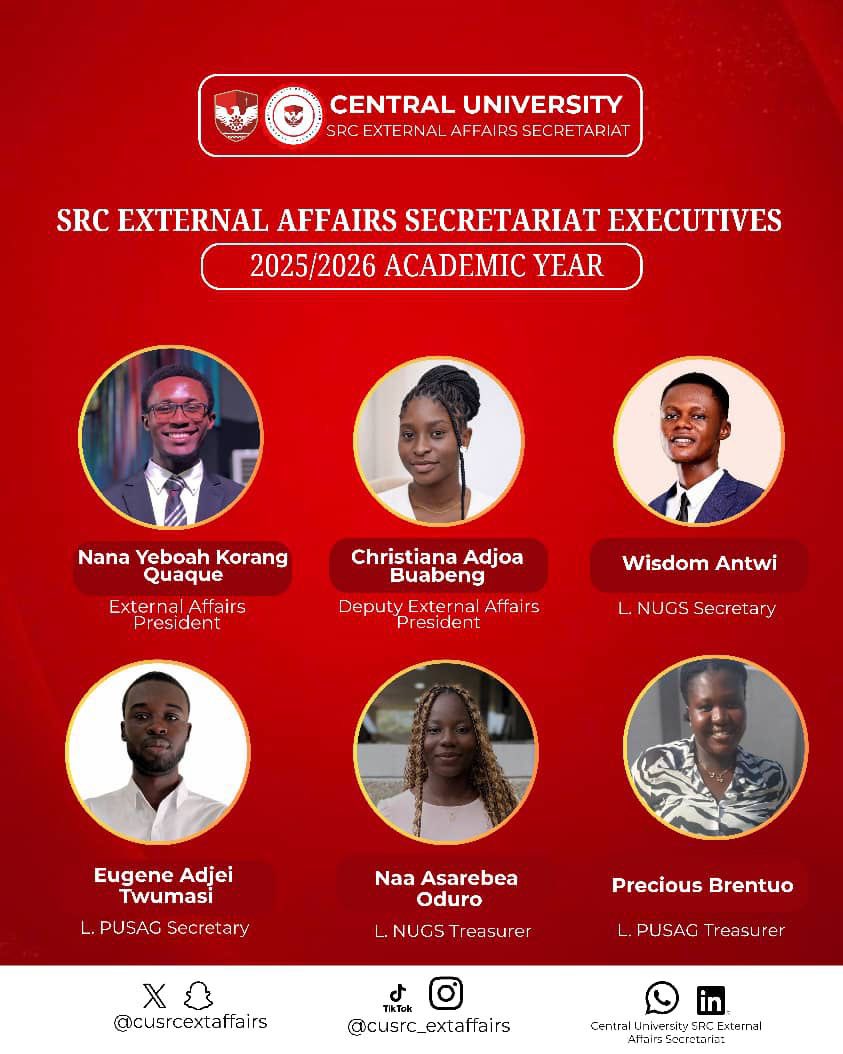 CUSRCExtAffairs's tweet photo. Meet the CU SRC External Affairs Executives (2025/2026).
Advancing partnerships, student representation, and opportunities.
Overseeing the National Union of Ghana Students (NUGS) and Private Universities Students’ Association of Ghana (PUSAG).
#CUSRC #CentralUniversity https://t.co/YnQQYQqcVa