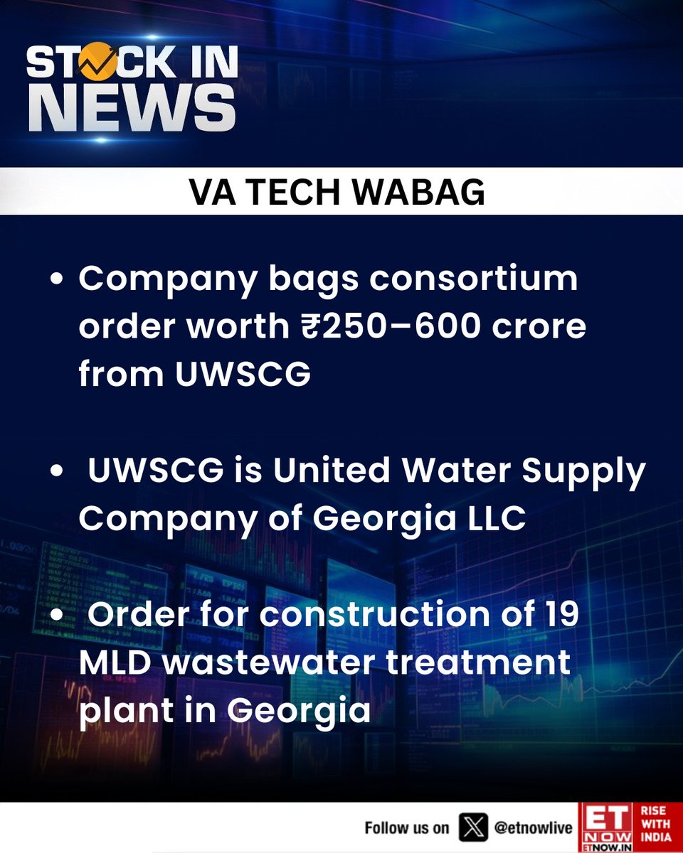ETNOWlive's tweet photo. #StockInNews | VA Tech Wabag bags ₹250–600 crore consortium order from UWSCG for 19 MLD wastewater treatment plant in Georgia
#Wabag #OrderWin #WaterInfra #GlobalProjects #Markets https://t.co/M7q3M8UR8w