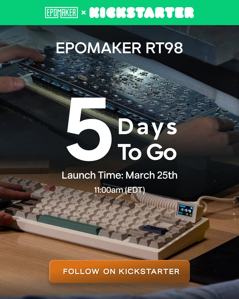 EpomakerK's tweet photo. The Countdown Begins
Built with an innovative modular design so your keyboard can adapt to you.
Check our link and click "FOLLOW" now! 🚀
Grab the Super Early Bird deal starting at $89
https://t.co/oLMKEOpqvP
#Epomaker #RT98 #MechanicalKeyboard #Kickstarter #ComingSoon https://t.co/GxVTyUR3I3