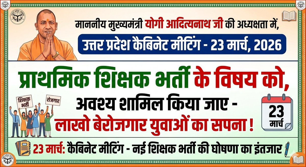 CM योगी की अध्यक्षता में कैबिनेट की बैठक 23 मार्च पूर्वाह्न 11 बजे लोकभवन में होगी !!

यूपी में प्राथमिक शिक्षक भर्ती कब योगी जी?
8 साल से प्राथमिक स्कूलों में वेकन्सी नहीं आई 

<a href="/myogiadityanath/">Yogi Adityanath</a> <a href="/UPGovt/">Government of UP</a> 
<a href="/thisissanjubjp/">Sandeep Singh</a> <a href="/brajeshpathakup/">Brajesh Pathak</a>