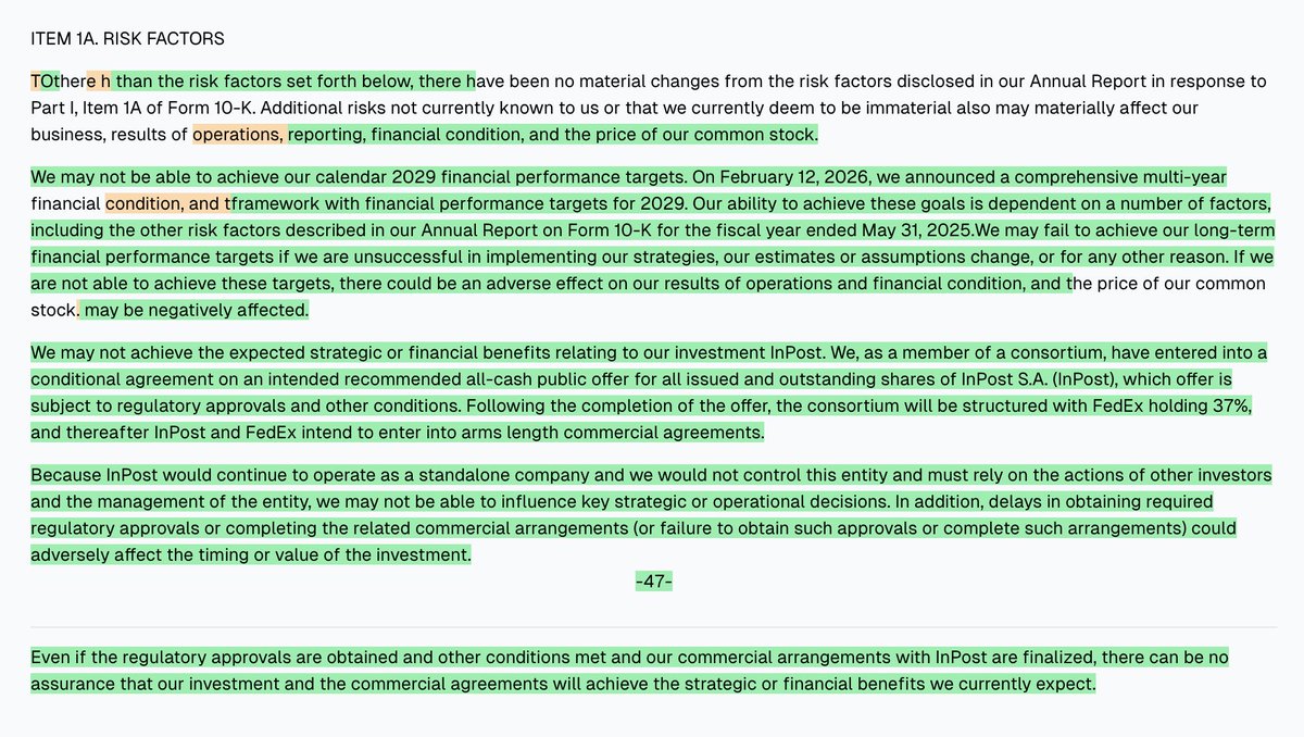 d__risk's tweet image. $FDX - FedEx Corporation - 10Q - Updated Risk Factors

FDX flags new risks: it may miss ambitious 2029 financial targets and its planned minority stake in InPost could face regulatory delays, limited control, and uncertain strategic or financial payoffs. #LogisticsIndustry