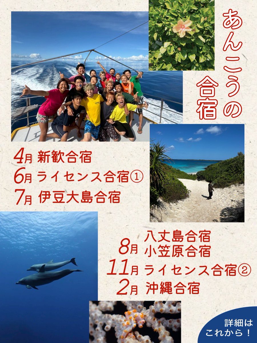 scuba_ankou's tweet photo. こんにちは☀️
本日はあんこうの年間合宿予定を紹介します🎵
私たちのサークルはダイビング合宿をメインに活動しています！🚢

合宿の詳細、その他のイベントはこれから投稿予定です🌊🏝️

※6月、11月のライセンス合宿は一年生のみ全員参加です！

#春から早稲田 https://t.co/xPczFwqZVX