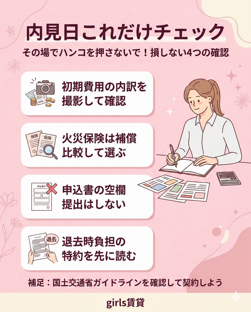 GirlsRealestate's tweet photo. これから一人暮らしする人へ🌸

可愛い部屋でも、 
その場でハンコはまだ早いよ🖐️ 

「失敗しない内見日チェック」 
4つだけ保存してね📝

1) 初期費用の内訳をその場で撮る
…火災保険・鍵交換・24時間サポートは 「任意ですか？」を必ず確認

2) 火災保険は補償内容を比較する
… https://t.co/xbLuLXHetK