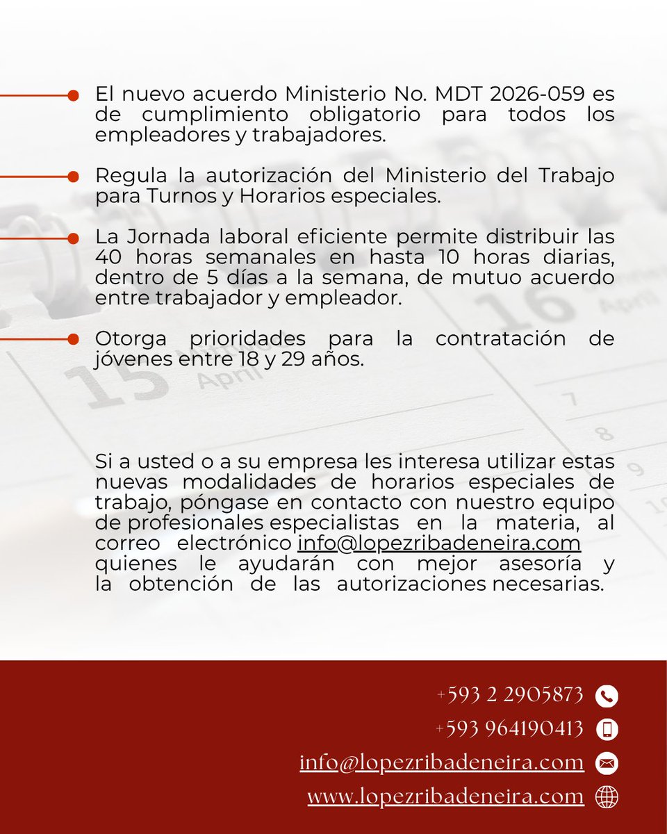 LRMabogados's tweet photo. Nuevo Acuerdo Ministerial regula el procedimiento de autorización de turnos u horarios especiales de trabajo. Artículo completo aquí: https://t.co/oQD7JgaiFP https://t.co/W74KmnclNn
