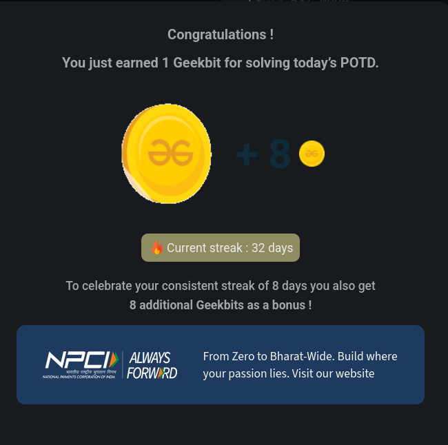 Harshit42077's tweet photo. ❤️‍🔥Day 32 of my 60-day coding streak! Consistency is key, and today I tackled the 'Predecessor and Successor' challenge. Every little step counts! Thanks to @geeksforgeeks and @NPCI_NPCI  for the support! 🚀 #geekstreak60 
#npci   
#POTD" https://t.co/CcO7hBmbWw