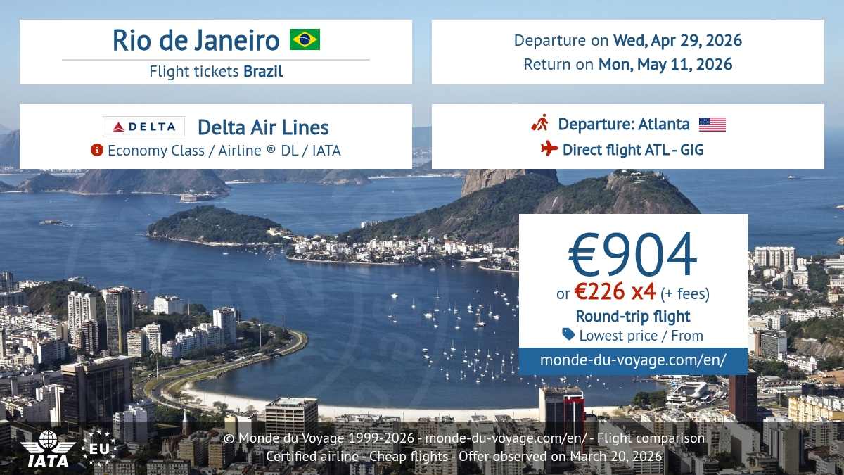 Monde_du_Voyage's tweet image. Cheap round-trip ✈️ ATL ➜ Rio with Delta Air Lines DL, nonstop, only 904€ 😮‍💨 Promo flight, low fare, discount ticket, smart deal! Payment in 3X or 4X available 💳 #flightdeal #Delta #Atlanta #Rio #cheapflight #discount #traveldeal #2026 monde-du-voyage.com/en/brazil/flig…