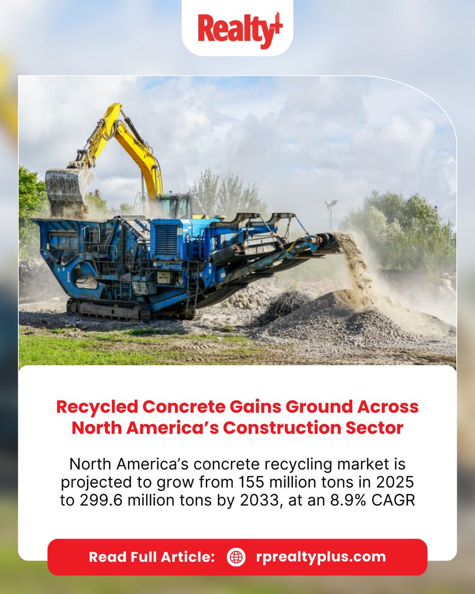RPRealtyPlus's tweet image. Recycled concrete is rapidly gaining ground across North America’s construction sector, emerging as a sustainable and cost-effective alternative to traditional building materials.

Read more: rprealtyplus.com/news-views/rec…

#SustainableConstruction #GreenBuilding #CircularEconomy