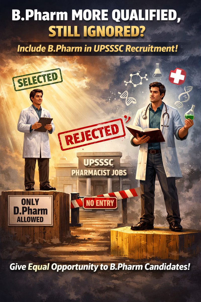 Dharmendra0118's tweet photo. 👉 UPSSSC द्वारा Pharmacist भर्ती में केवल D.Pharm को अनुमति देना और B.Pharm को बाहर रखना अनुचित है।
B.Pharm अधिक qualified होते हुए भी वंचित क्यों?
कृपया B.Pharm को भी शामिल किया जाए।

#IncludeBPharmInUPSSSC #PharmacistJustice #UPSSSC https://t.co/WgqhJx2TpI