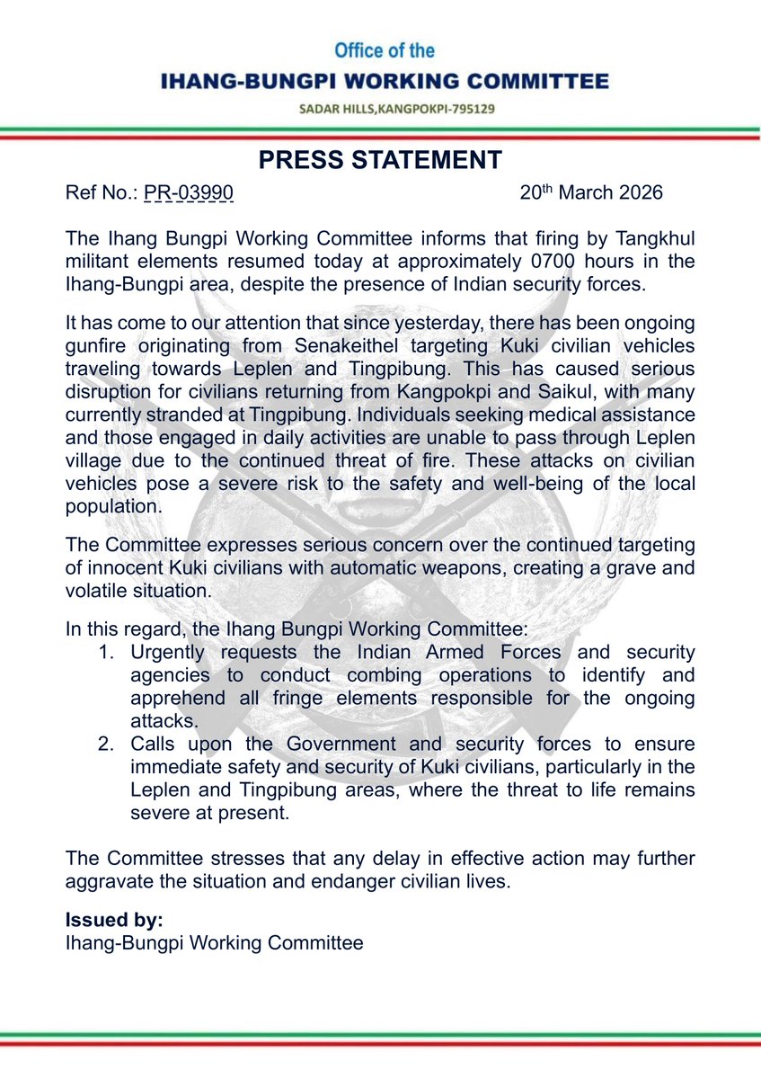 Firing resumed at 7 AM despite security forces. Gunfire from Sinakeithel is targeting civilian vehicles, leaving many stranded at Tingpibung and blocking access to Leplen. Urgent combing operations and protection for Kuki civilians required. #Manipur #Ukhrul

<a href="/official_dgar/">The Assam Rifles</a>